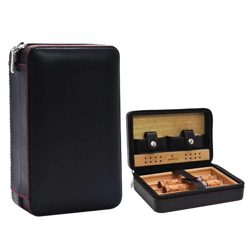 Leather Solid Cedar Wood Tray Cigar Case